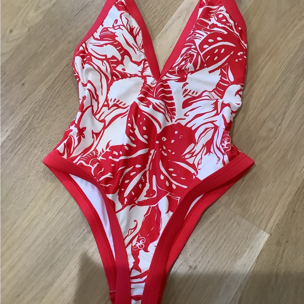 Red and White Tropical One Piece Swimsuit with Plunging V-neckline